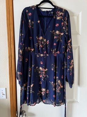 Lulu's Navy Floral Mini Dress with Pink & Cream Accents